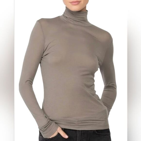 Agolde Turtleneck Top Long Sleeve Layering Tee Shirt Size Small Taupe Brown - Picture 1 of 9
